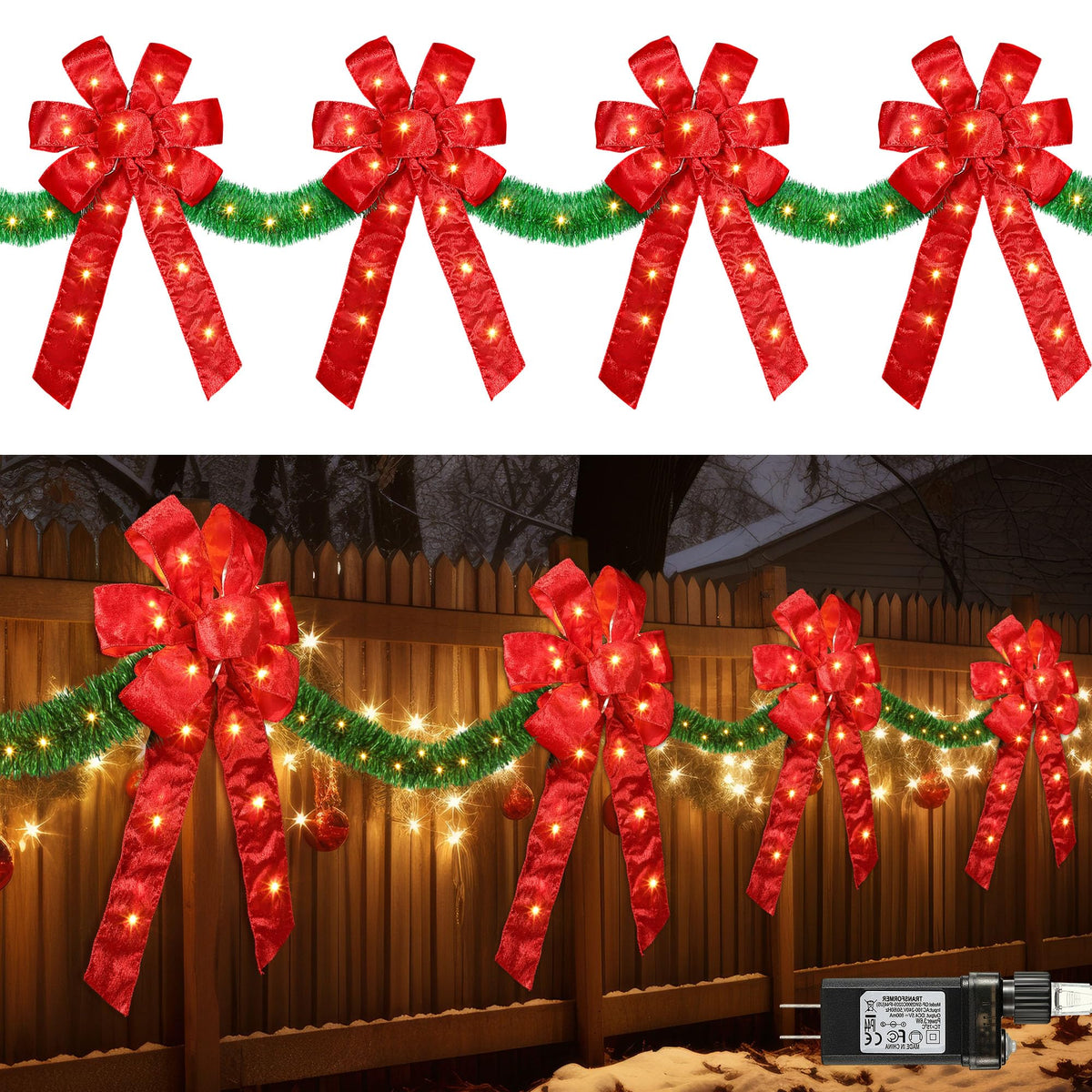 13 FT Christmas Bows Fence Decoration, 140LED Lighted Large Christmas Bows Decoration with 8 Mode and Timing Ornament for Party Front Door Fireplace (Red,Artificial Garland)