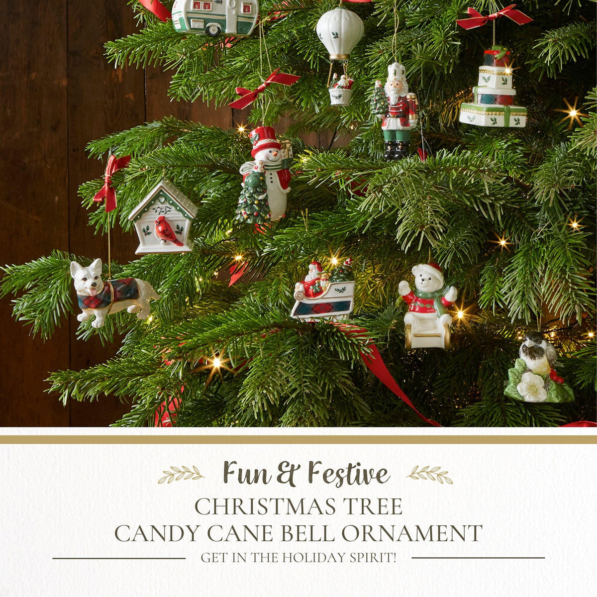 Spode Christmas Tree Candy Cane Bell Ornament, Elegant Hanging Decoration for Christmas Trees - Holiday Home Accents & Festive Ornament - Thoughtful Keepsake & Gift for Friends & Family