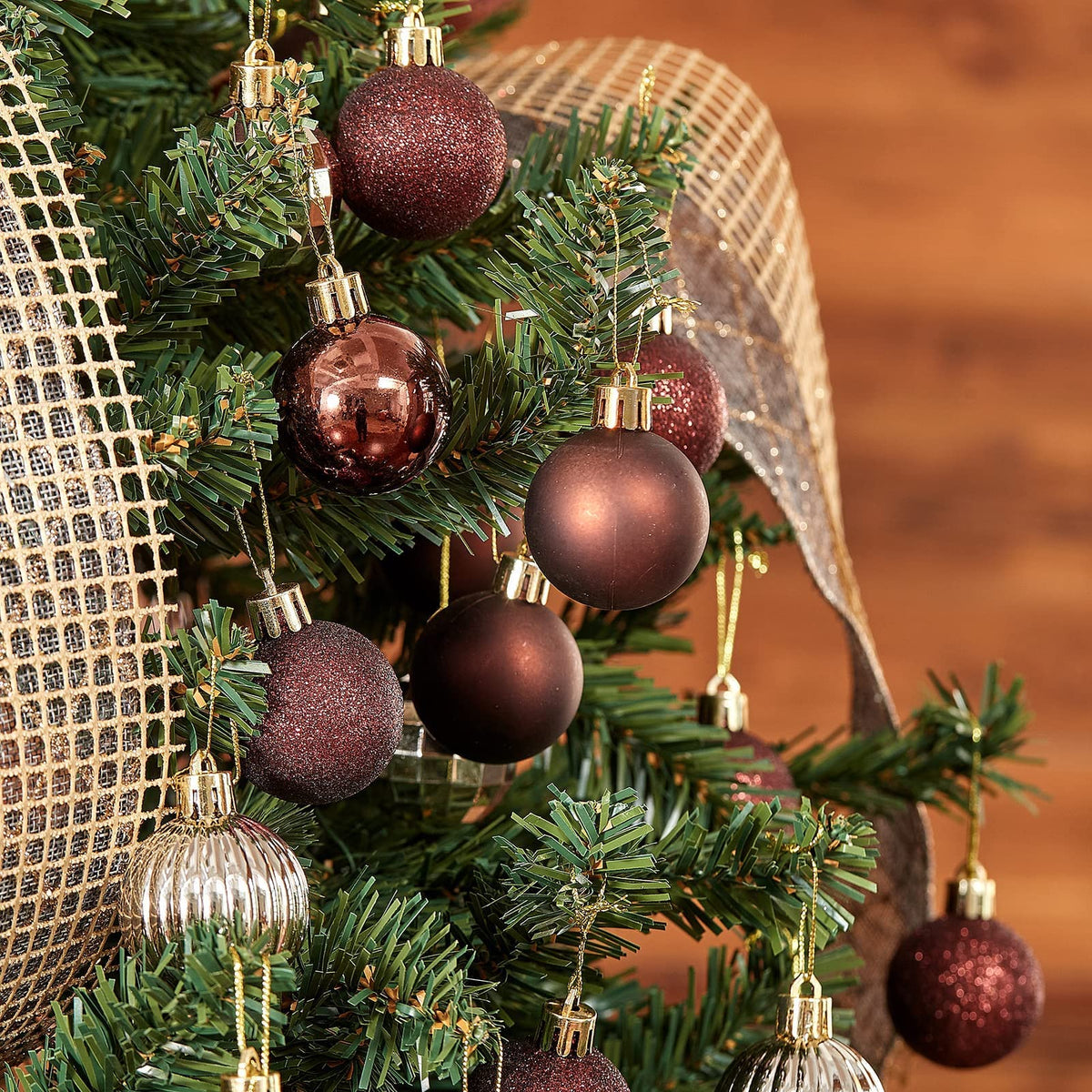 XmasExp 24ct Brown Christmas Ball Ornaments for Tree Decorations, Small Shatterproof Plastic Hanging Balls Set for Christmas Tree, Home Holiday Party Decor (1.57'', Brown)