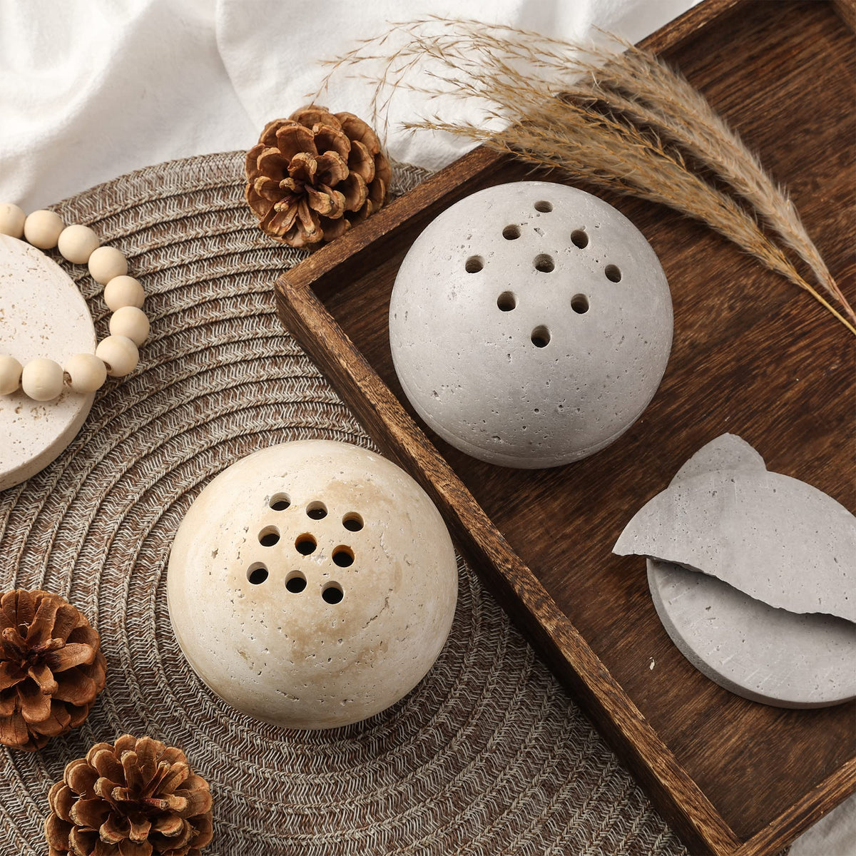 Natural Travertine Incense Cone Holder, Handmade Stone Sphere Incense Burner for Medication Yoga Home Décor 4.1 inches