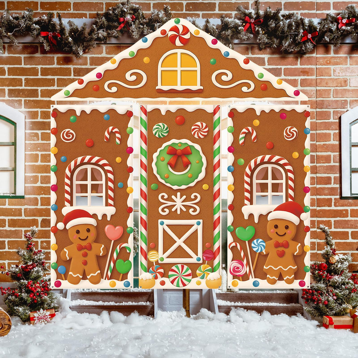 4Pcs Christmas Gingerbread House Door Cover Decorations, Gingerbread Door Cover Christmas House Backdrop for Xmas Photography Background Holiday Party Décor