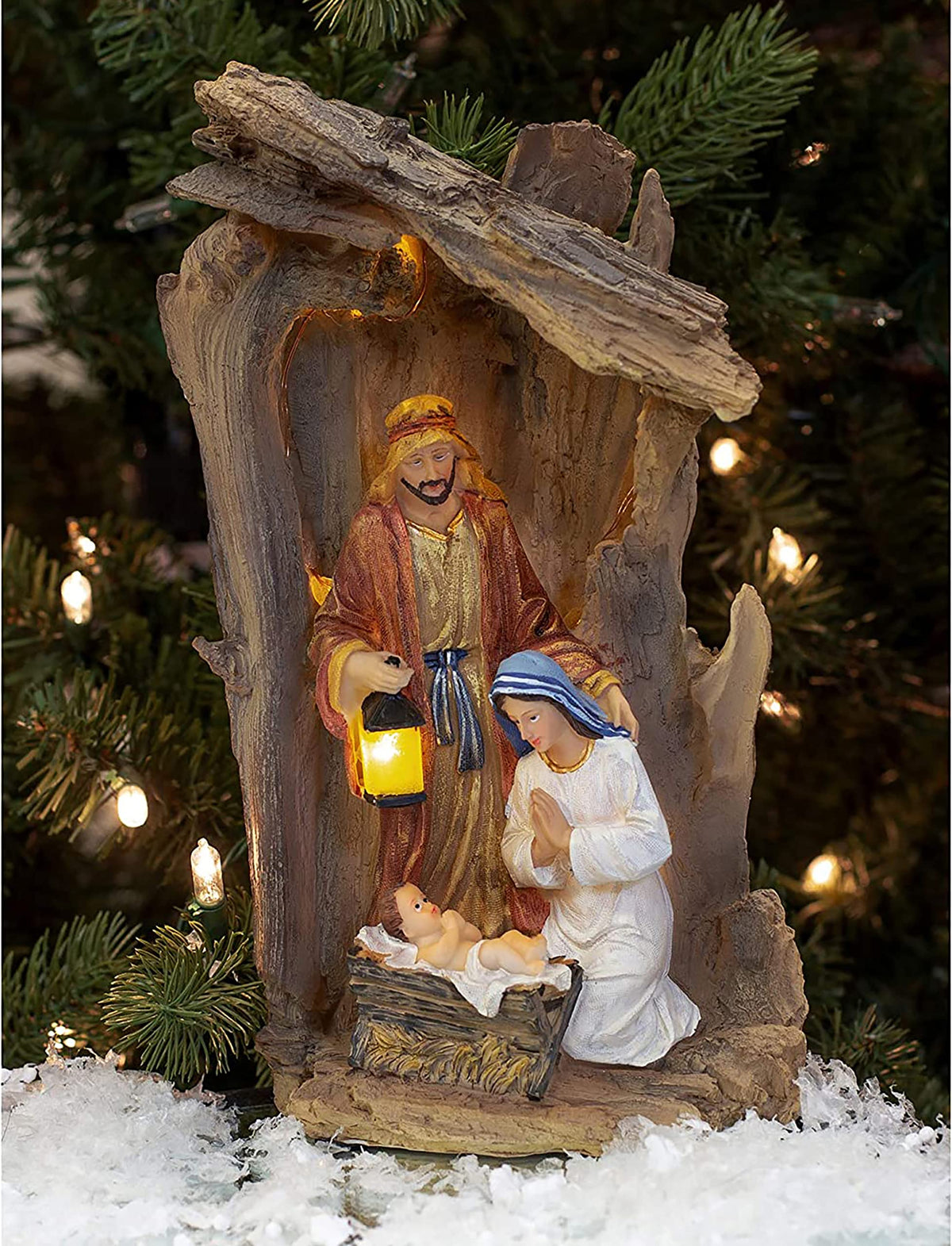 Three Kings Gifts Lighted Holy Family Nativity Scene Christmas Manger Display with LED Lights – Indoor Religious Holiday Décor Featuring Mary, Joseph & Baby Jesus – Rustic Stable Christmas Decoration