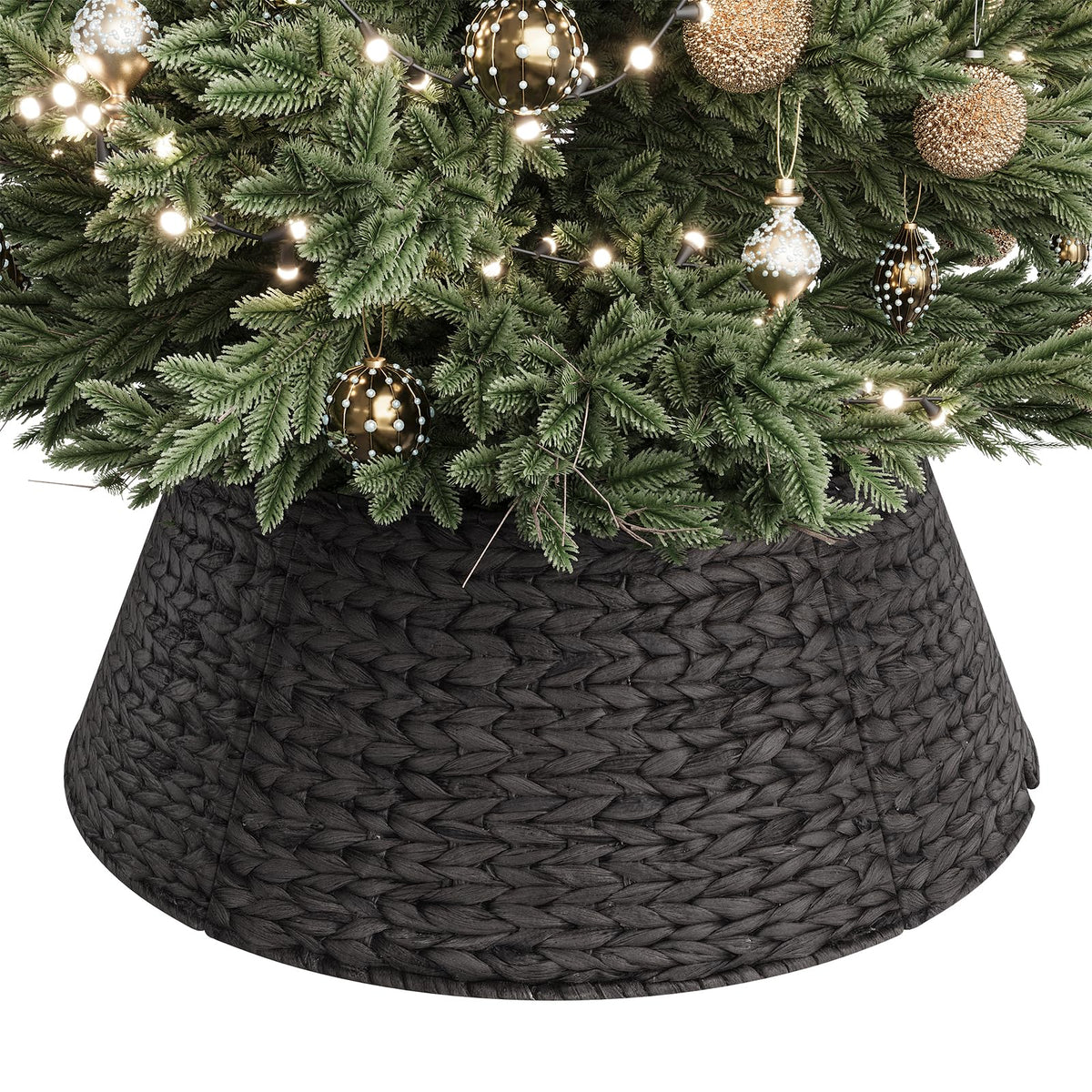 ELYKEN 28-Inch Woven Rattan Christmas Tree Collar, Stylish Hyacinth 5-Piece Tree Skirt for Artificial Trees, Wicker Tree Base Cover with Cord Cut-Out for Home Decor, Living Room Display, Black