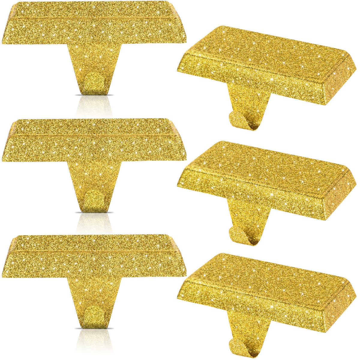 OCTERIC 4 Pack Shiny Glitter Christmas Stocking Holders, Heavy Duty Mantel Hangers Fireplace Hooks Grip Bases for Tables Window Decor Xmas Holiday Party Indoor Decoration (Gold)
