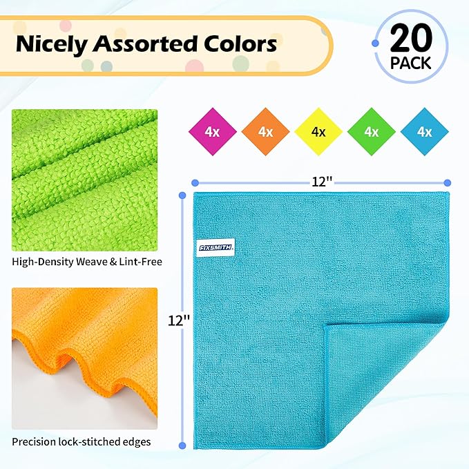 FIXSMITH Microfiber Cleaning Cloth, 20 Pack Cleaning Rags, Cleaning Towels