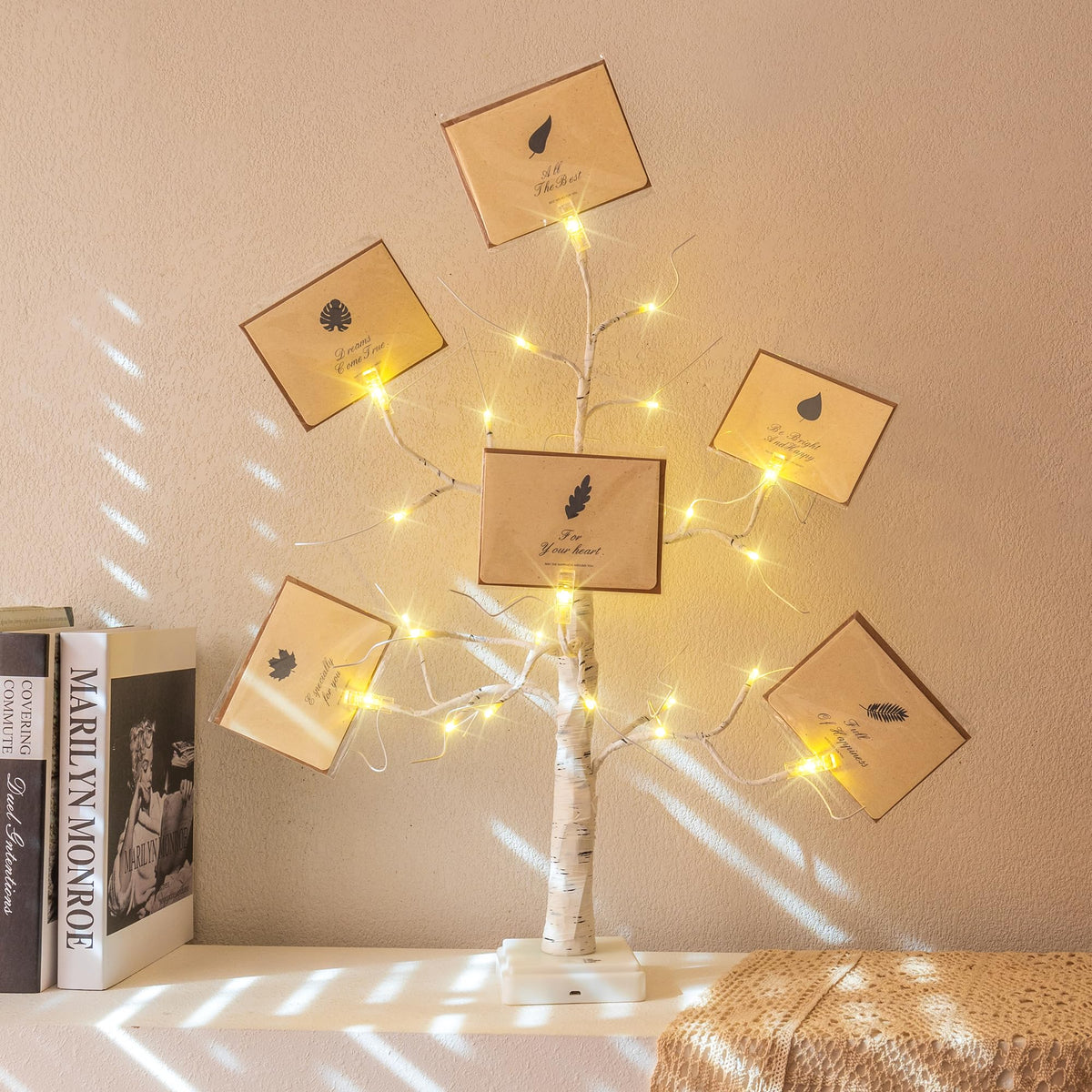 Money Tree Gift Card Holder 24 LED Birch Tree Lamp Battery/USB Powered Light Up White Trees Gift Card Holder with 6 Clips and 6 Greeting Cards for Photo Birthday Christmas Graduation Decor