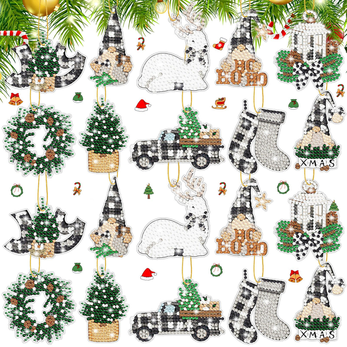 Realspring 20 Pcs Christmas Diamond Art Ornaments 5d Winter Diamond Painting Tree Decorations Has Xmas Hanging Rhinestones Art Kits for Adults Beginners DIY Crafts(Gnome)