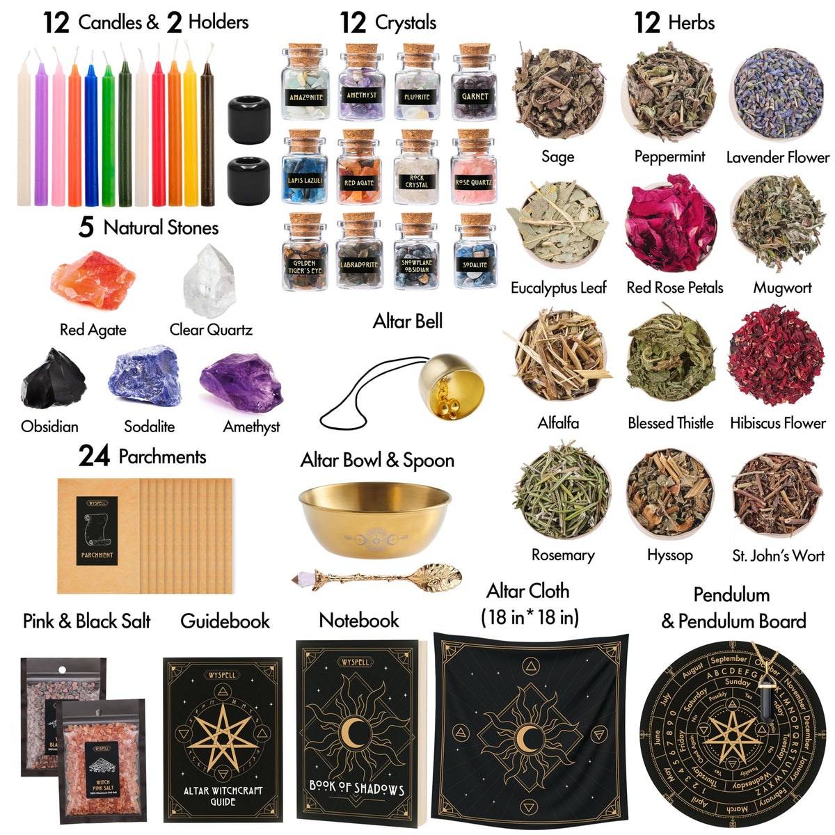 Wyspell Large Witchcraft Kit 77 PCS - Witch Altar Spell Set - Wiccan Supplies & Tools - Witchy Gifts for Beginners: Spell Candles, Dried Herbs, Crystals, Stones, Cloth, Pendulum, Bowl & Spoon