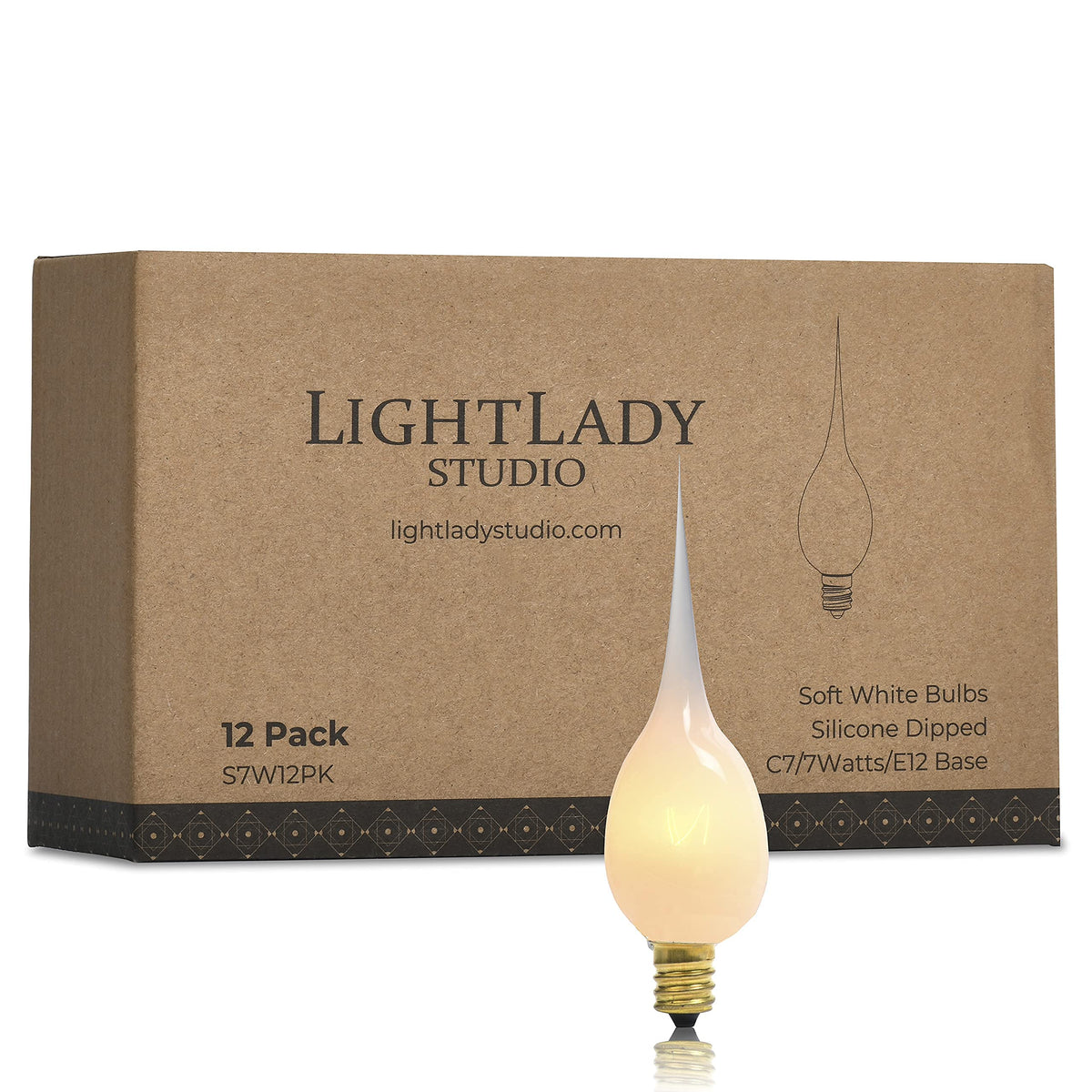 LightLady Studio Silicone Light Bulbs for Candle Lamps, 7 Watts, 12 Pack Dipped Candle Bulbs for Window Candles, Candelabra, Handmade White Flame Shaped Design