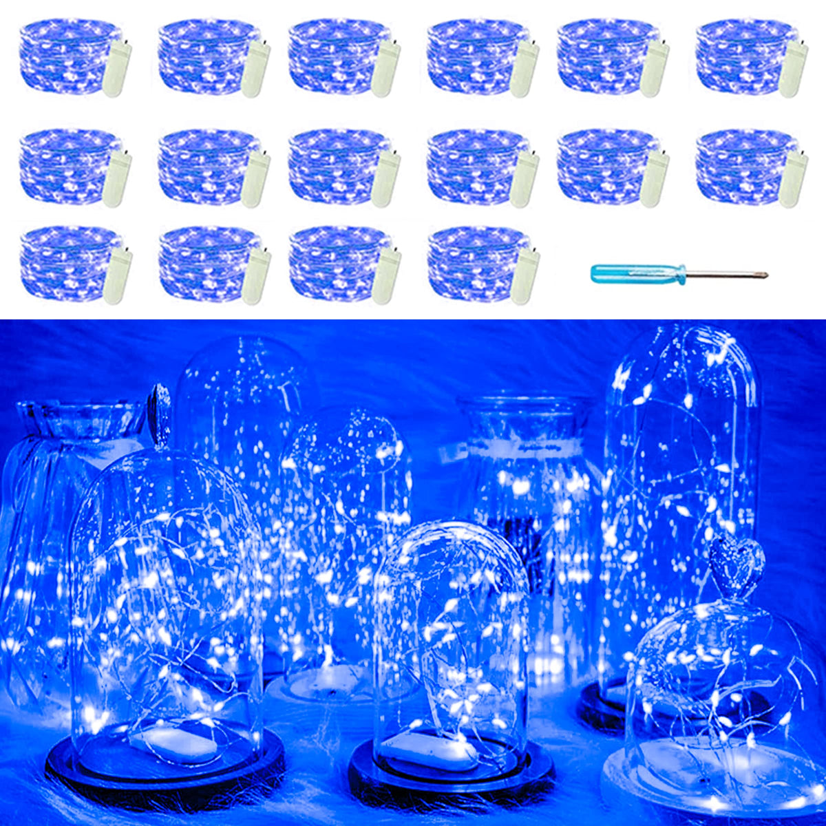 SunKite 16 Packs 20 LED Blue Fairy String Lights Battery Operated Waterproof 6.6 Feet Silver Copper Wire Firefly Starry Moon Lights for DIY Bottle Costume Wedding Party Bedroom Table Decor