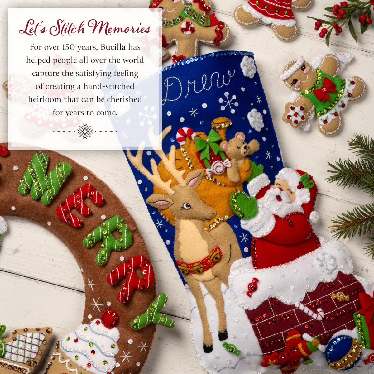 Bucilla Felt Applique 18" Stocking Making Kit, Holiday Cheer Santa, Perfect for DIY Arts and Crafts