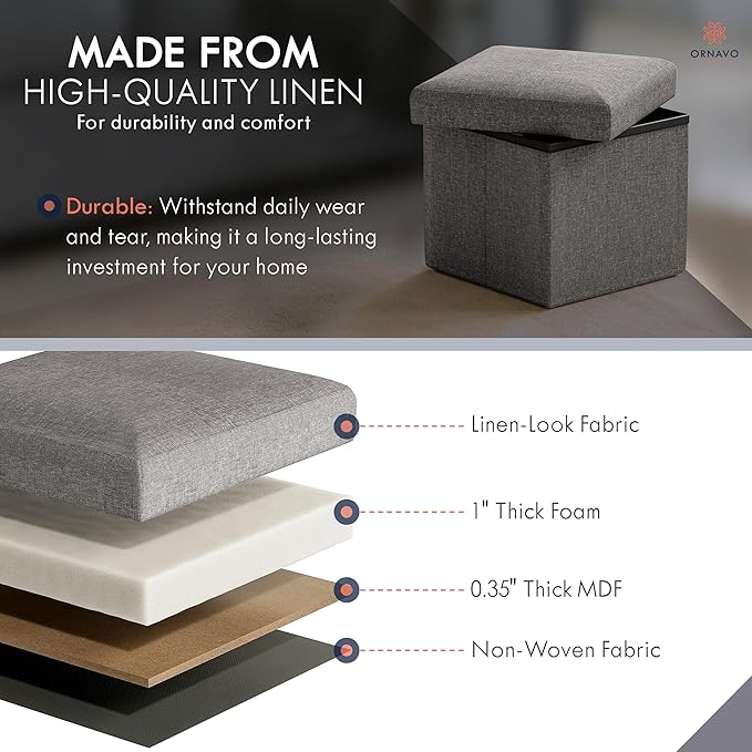 Ornavo Home Small Storage Ottoman Foldable Collapsible Cube Square Linen