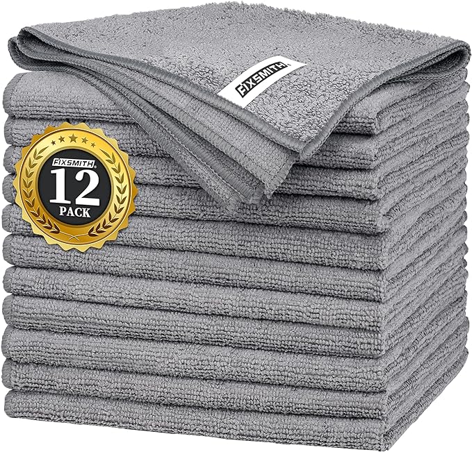 FIXSMITH Grey Microfiber Cleaning Cloth -Pack of 12, Highly Absorbent Cleaning