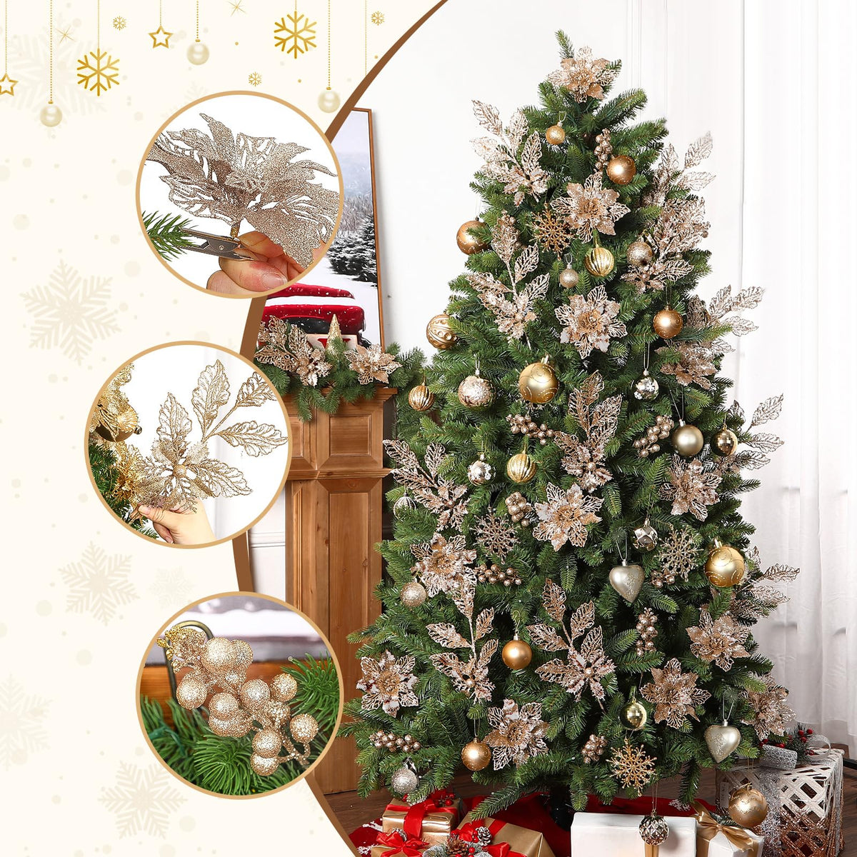 Alupssuc 24 PCS Christmas Tree Decorations, 12 PCS Poinsettia Flowers Artificial+6 PCS Glitter Holly Berry Stems+6 Berry Leaves Christmas Tree Picks for Party Wreath Fireplace, Champagne Gold