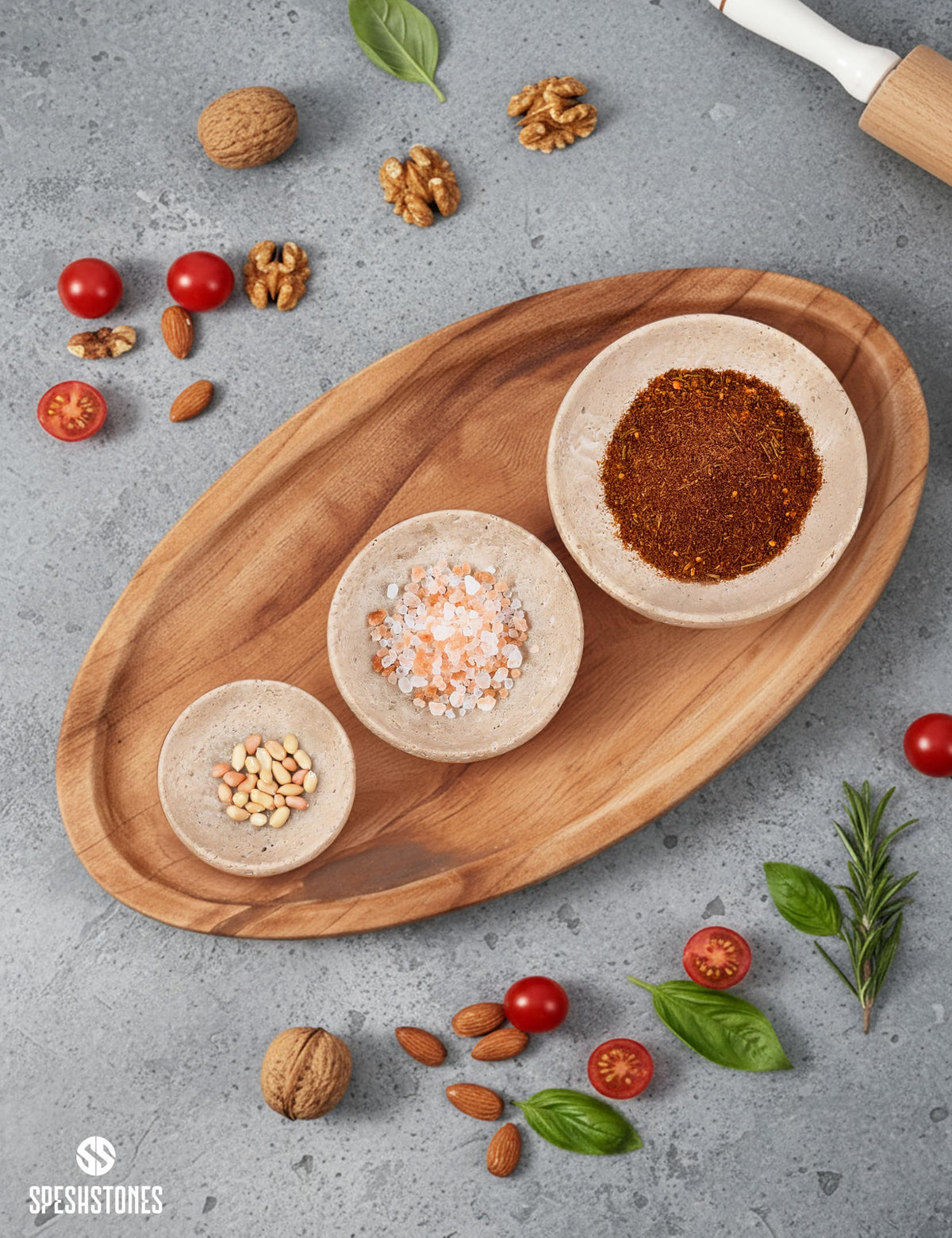 SPESHSTONES Marble Dipping Bowls Set of 3 Handmade Travertine Mini Dip Bowl for Soy Sauce, Condiment & Pinch Serving – Small Stone Side Dishes for Prep & Entertaining