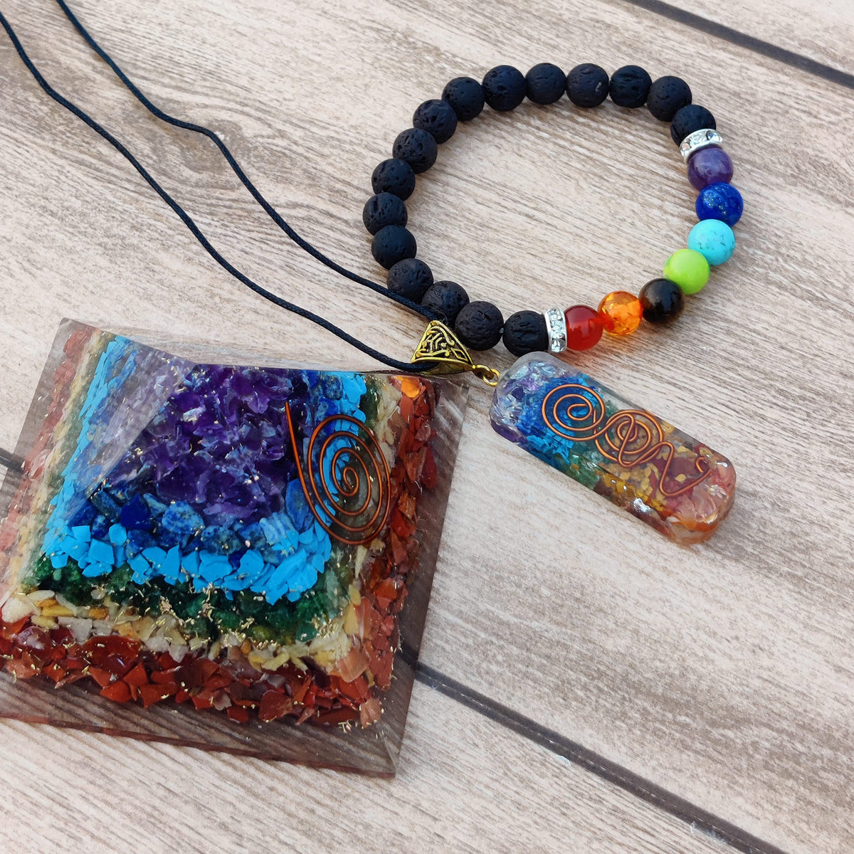 3 in 1 Orgone Pyramid for E-Energy Protection & Healing- meditation orgonite pyramids with Pendant and Bracelet set/crystal chakra set (7 Chakra Medium)