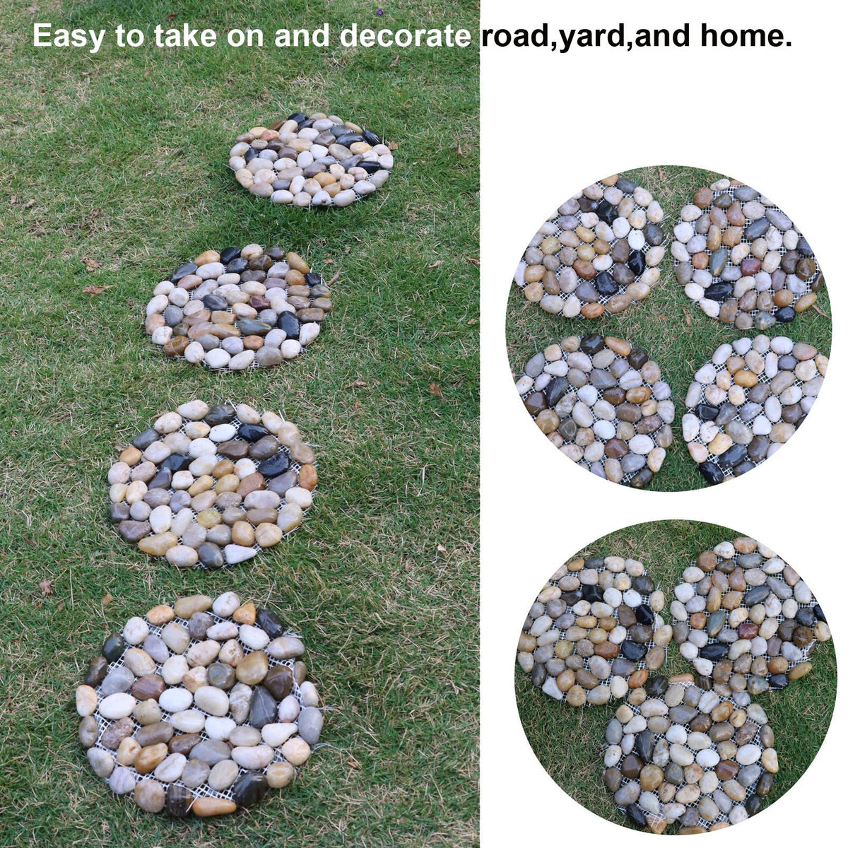Natural Pebble Stepping Stones for Garden & Outdoor Walkways - 9 Inch Round Therapeutic Massage Stones, 6pcs Non-Slip Acupressure Floor Mats, Polished River Rock Decorative Stone Path