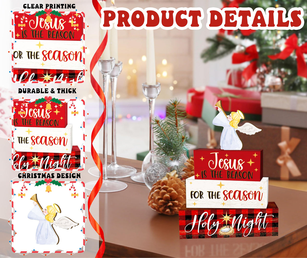 4 Pcs Angel Christmas Decor, Jesus Table Decorations, Holy Night Christmas Tiered Tray Desk Decor Gifts, Wooden Christian Stack Block Signs Table Centerpiece for Farmhouse Office -A03