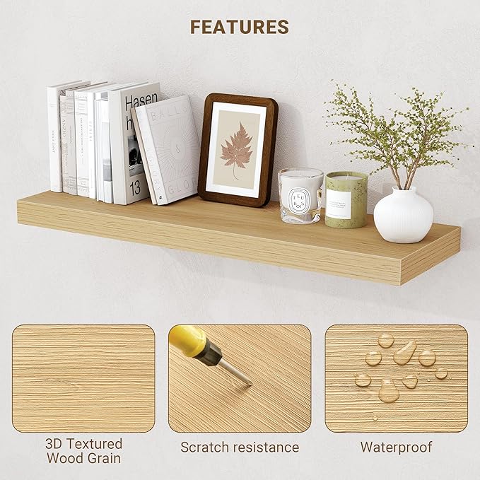 Acovy 72 Inch Floating Shelves, 3D Textured Wood Grain, Wooden Shelves
