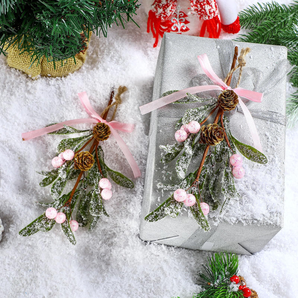 Giegxin 1 Piece Christmas Artificial Mistletoe Ornament with Bow Christmas Hanging Mistletoe Decoration Bouquet Floral Natural Pine Cones Holiday Decor Ornament Bouquet (Pink Style,Pink)