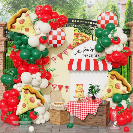 PageebO Pizza Party Decorations，150PCS Red Green Ivory White Balloons with Pizza Checkered Balloons for Pizza Party Favors BBQ Picnic Birthday Party Decorations Slice Slice Baby Shower Home Decor