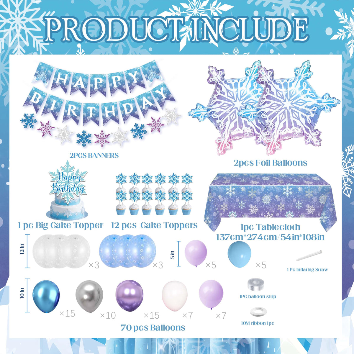 Frozen Birthday Decorations for Girls,Happy Birthday Banners,Blue Purple Balloon Arch Garland Kit,Party Decor Supplies,Foil Snowflake Balloons,Tablecloth