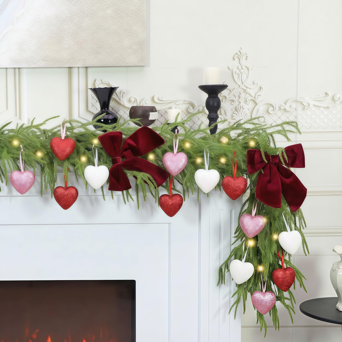 HipTree 9ft Christmas Garland with Lights,Lighted Norfolk Pine Garland for Mantle,Prelit Real Touch Artificial Greenery Christmas Winter Garland with Large Burgundy Velvet Bow for Indoor Outdoor Decor