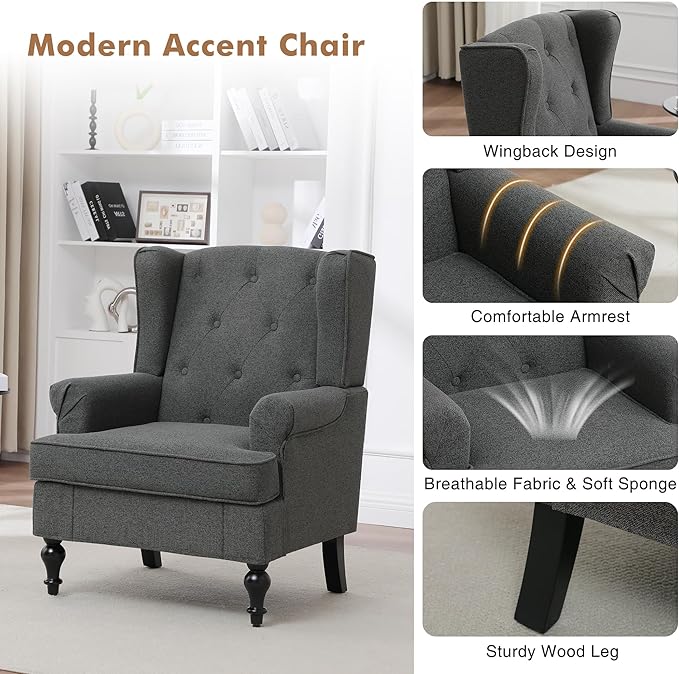Accent Chair Set of 2, Mid Century Modern Fabric Wingback Chair, Upholstered