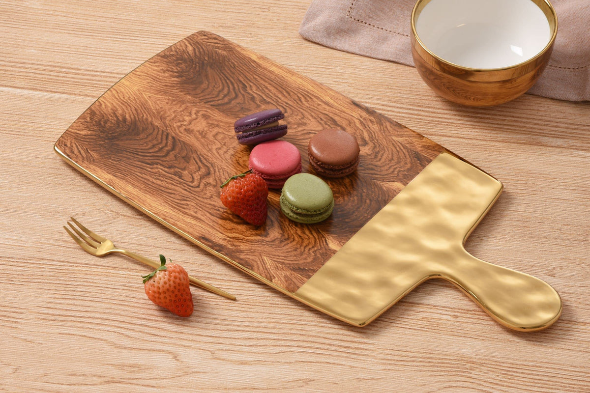 Pampa Bay Wood Look Titanium-Plated Porcelain Rectangular Serving Board, 15.5 x 8 Inch, Gold/White/Wood look