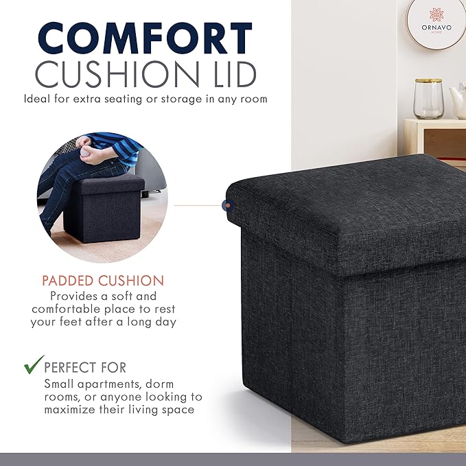 Ornavo Home Small Storage Ottoman Foldable Collapsible Cube Square Linen