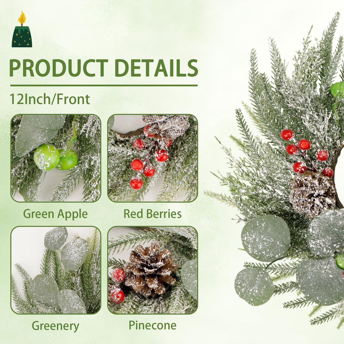 Christmas Candle Rings Wreaths,Snowy Norfolk Pine Garland Red Green Berry Eucalyptus Leaves Pinecones Wreaths,Pillar Candle Rings for Home Christmas Table Centerpiece Decorations