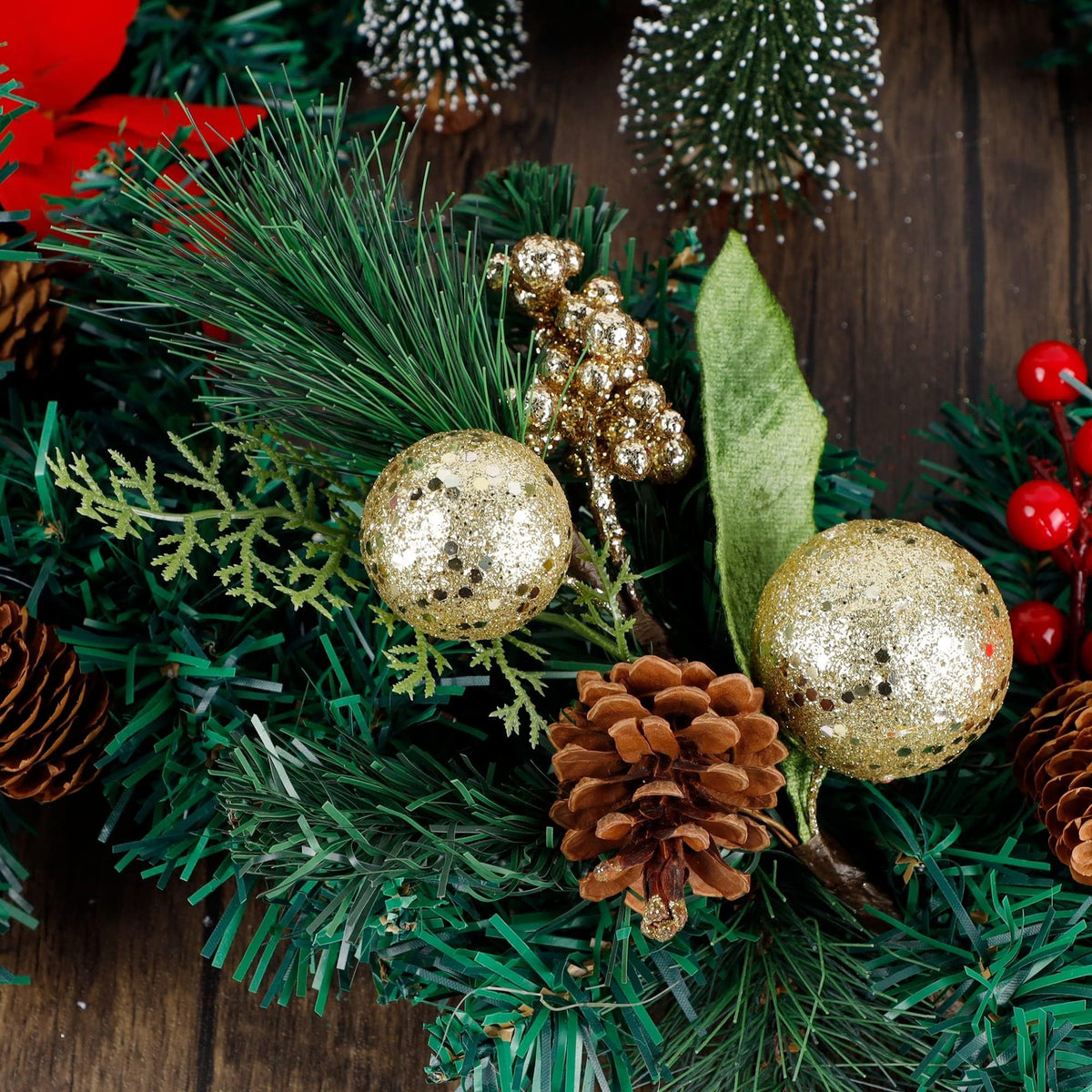 DR.DUDU Christmas Tree Ornaments 6 Pcs 12'' Gold Picks and Sprays with Brown Pine Cone Green Poinsettia Leaf, Artificial Berry Branches Stems Decorations DIY Crafts for Vase Filler Wreath Decor (Gold)