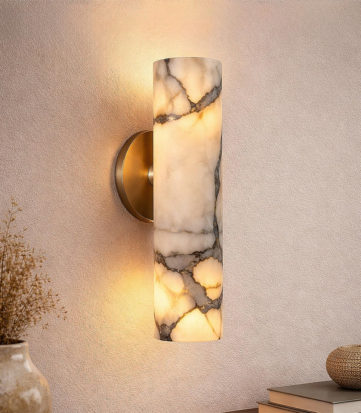 KAKINOTE Marble Wall Sconce,Calacatta Viola Alabaster Wall Sconce 9.5”Modern Natural Stone Wall Lamp for Bedroom,Bathroom Vanity,Hallway & Bedside,Hardwired G9 Base,Up and Down Lighting Fixtures