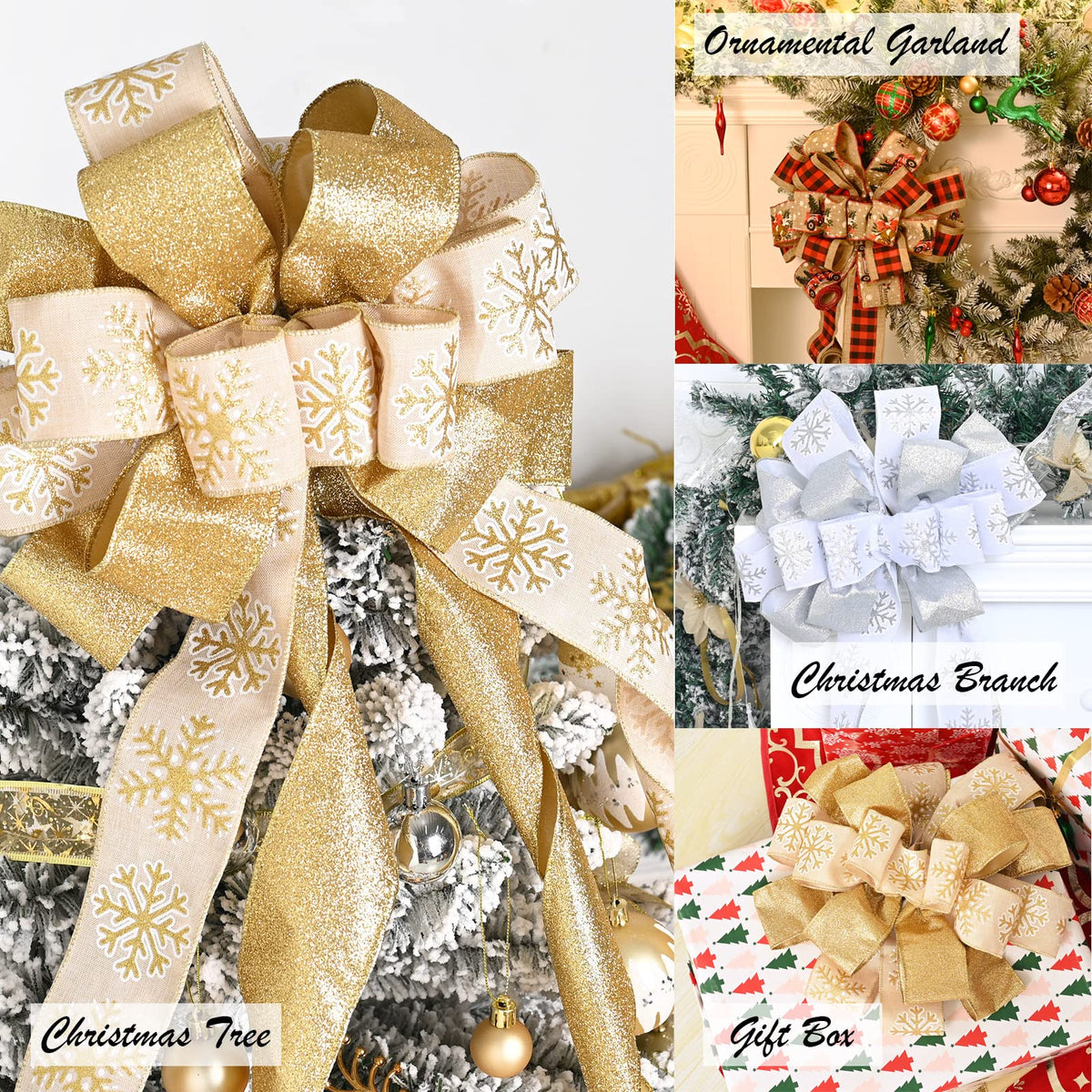 Christmas Tree Topper, 40x13 Inches Toppers Bow with Glitter Satin Mesh Streamer and Patterned Ribbon, Christmas Tree Topper Bow for Christmas Home Decoration (Gold)