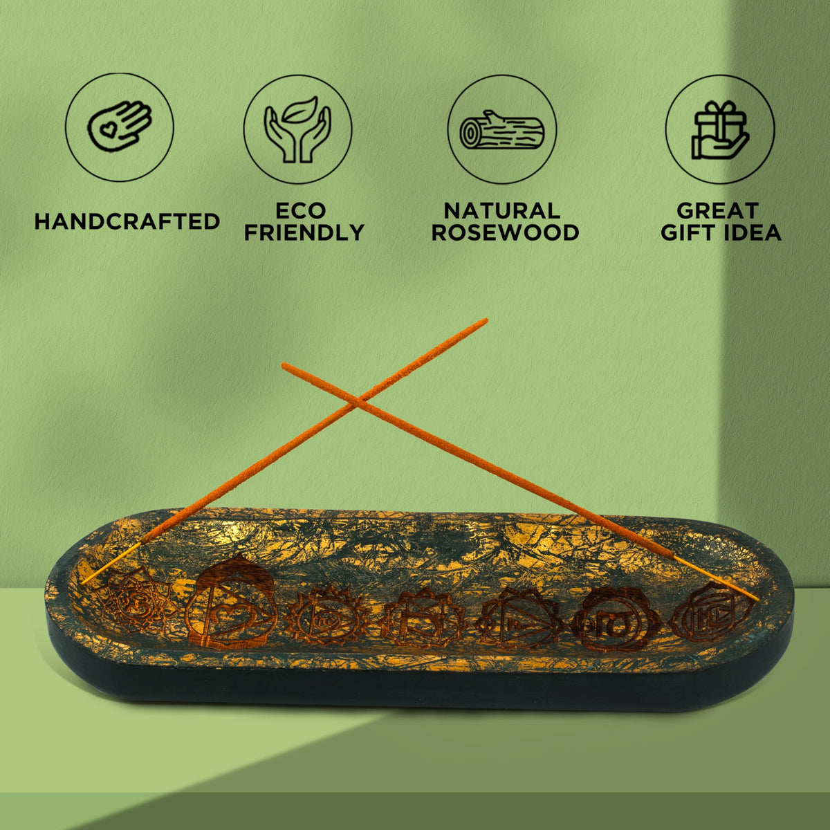 UnitedPrime Hand Carved Incense Holder-Incense Burner/Ash Catcher/Handmade Wooden Insence Tray – Modern Gift Home/Room/Seven Chakra Blue Gold Kitchen Décor Size 11x4x1.5 Inches