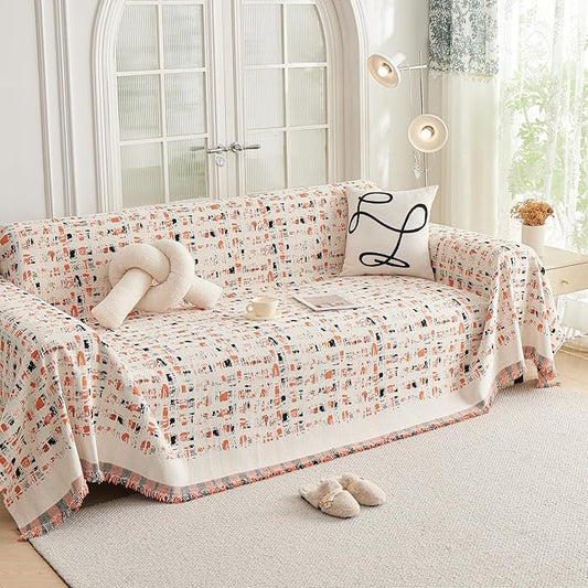 DREAMINGO Abstract Chenille Couch Cover Blanket Beige Orange Black Boho Sofa
