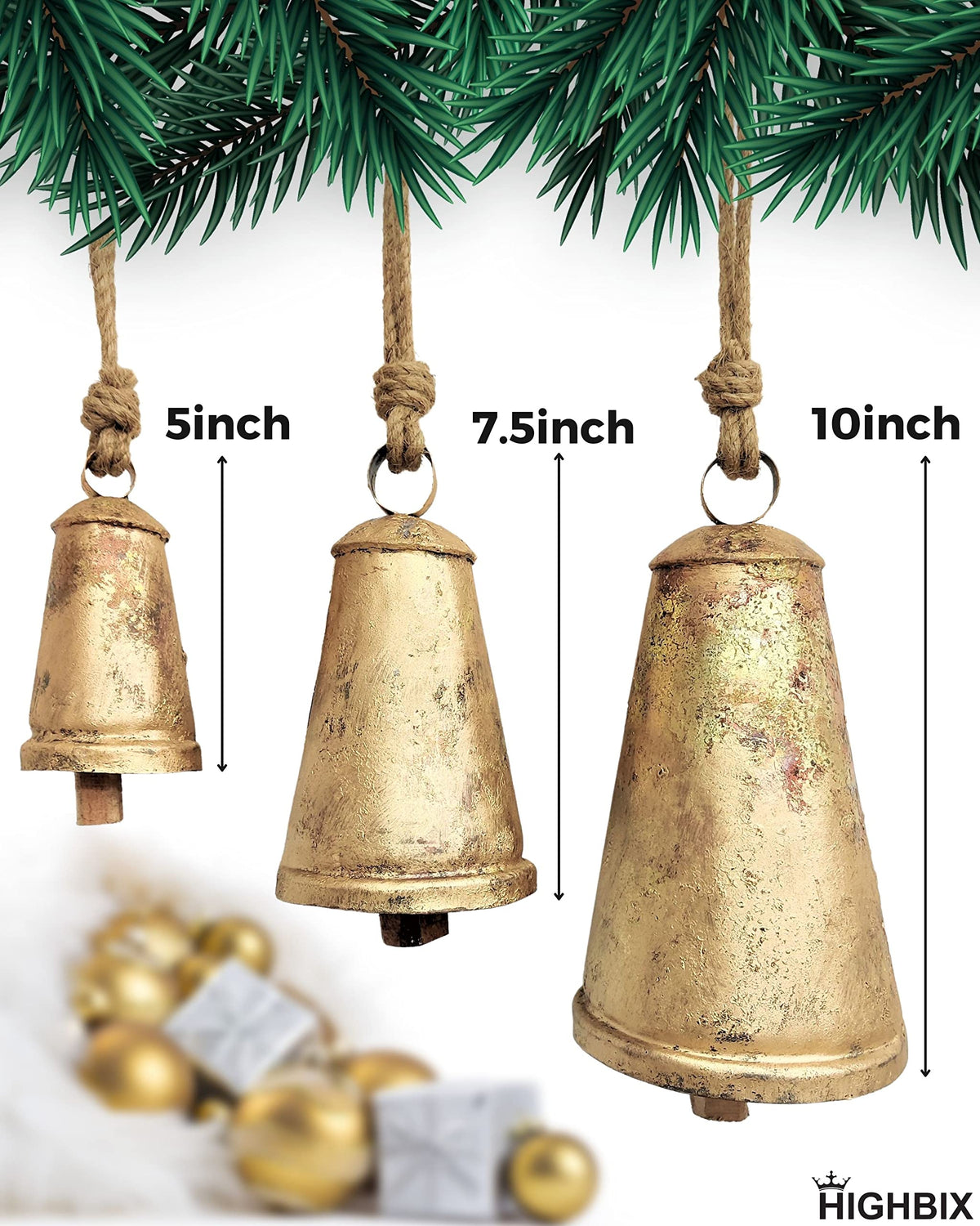 HIGHBIX Set of 3 Giant Harmony Cow Bells Huge Vintage Handmade Rustic Lucky Christmas Hanging Cone Bells (X-Large)