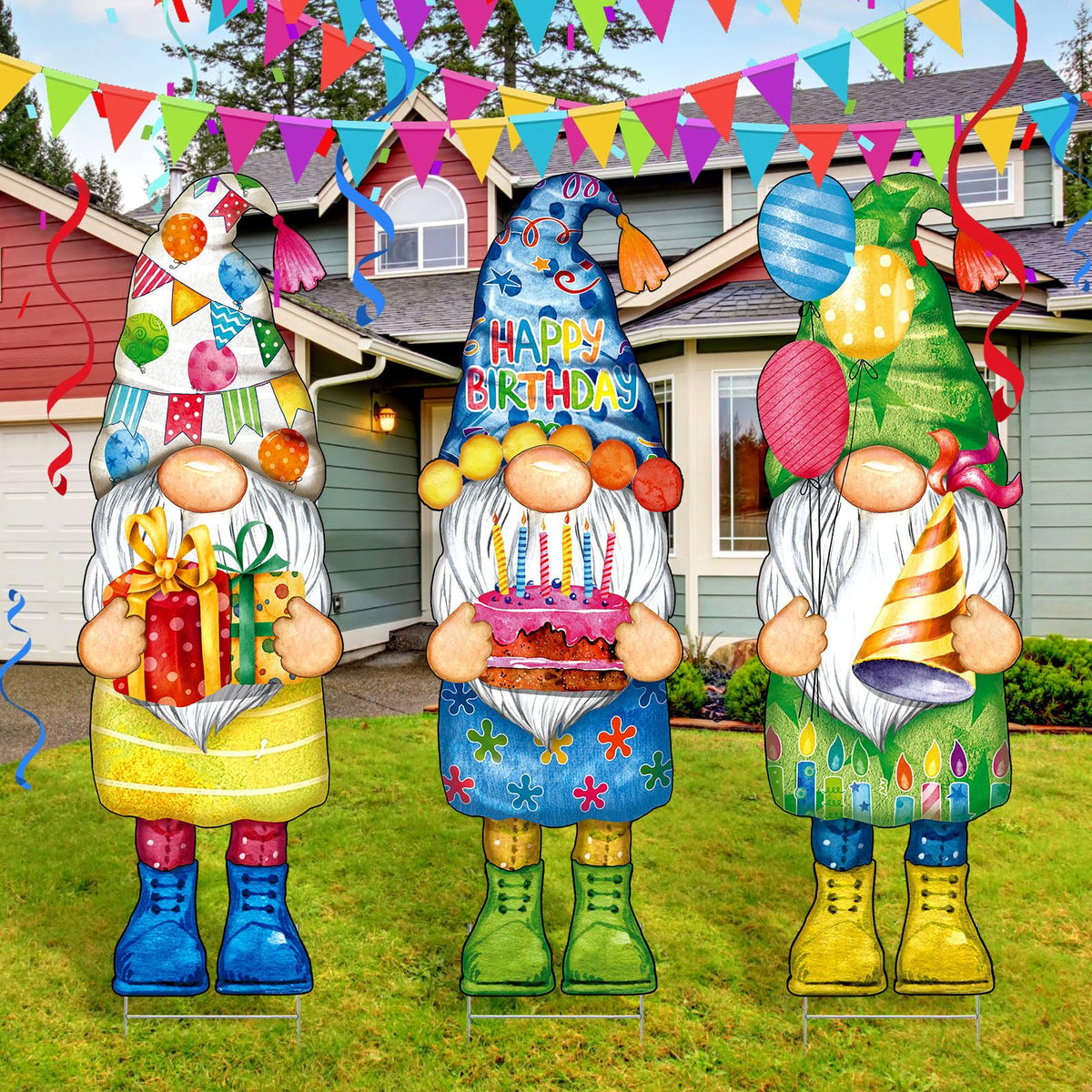 Umigy 3 Pcs 32 x 10 Inch Happy Birthday Yard Decor Outdoor Gnome Sign with Stakes Gift Boxes Cake Balloon Gnome Garden Sign Outdoor Yard Decor for Birthday Party Lawn Decorations