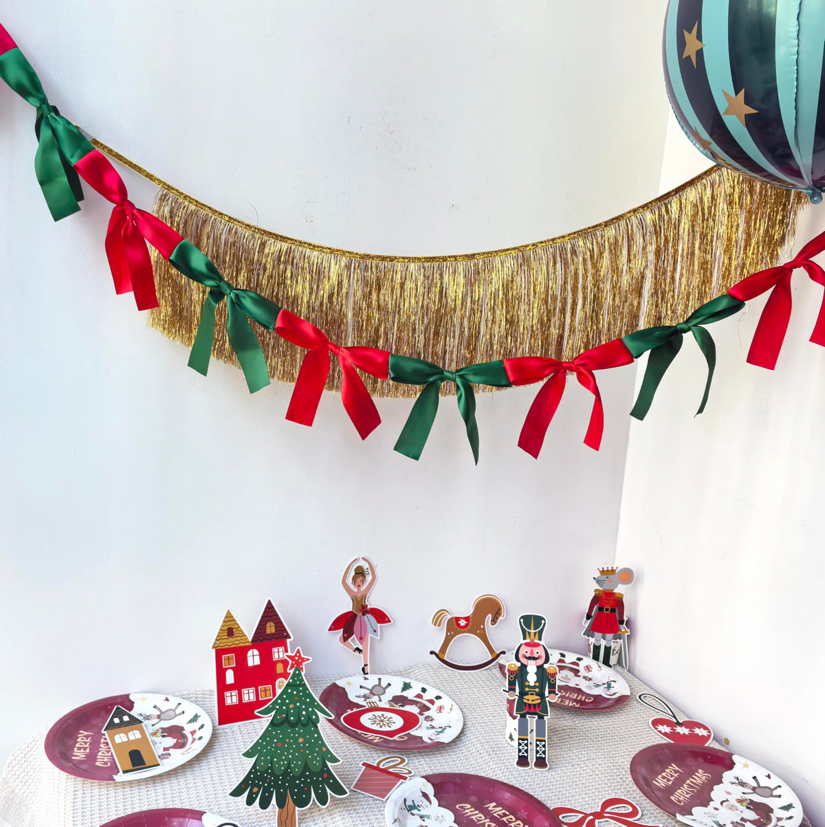 Eanjia Bow Knot Garland | 6ft Linking Satin Bow Banner with 3ft Extend Ribbon for Coquette Bachelorette Party, Baby Shower,Bridal Shower Wedding Baby Room Bed Decor (Red & Green, 6ft)