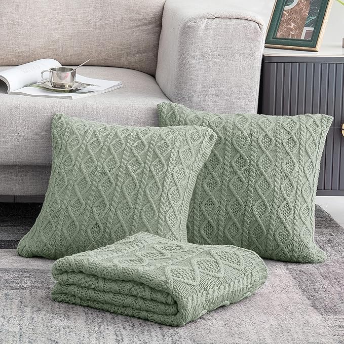 Homiest Cable Knit Throw Blanket and Pillow Set, Sage Green Set of 3, Knitted