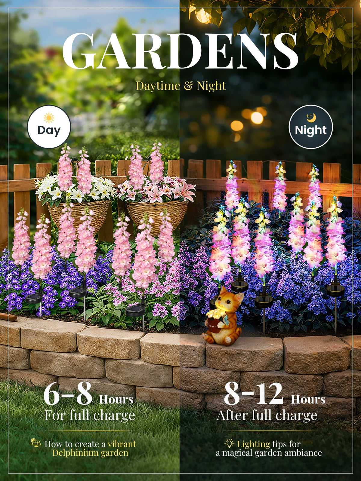 GIGALUMI Solar Lights Outdoor for Garden Decor, 3 Pack Solar Flower Lights Waterproof, 2 Lighting Modes Delphinium for Pathway,Yard, Patio Decoration, Gardening Gifts for Women (Pink)