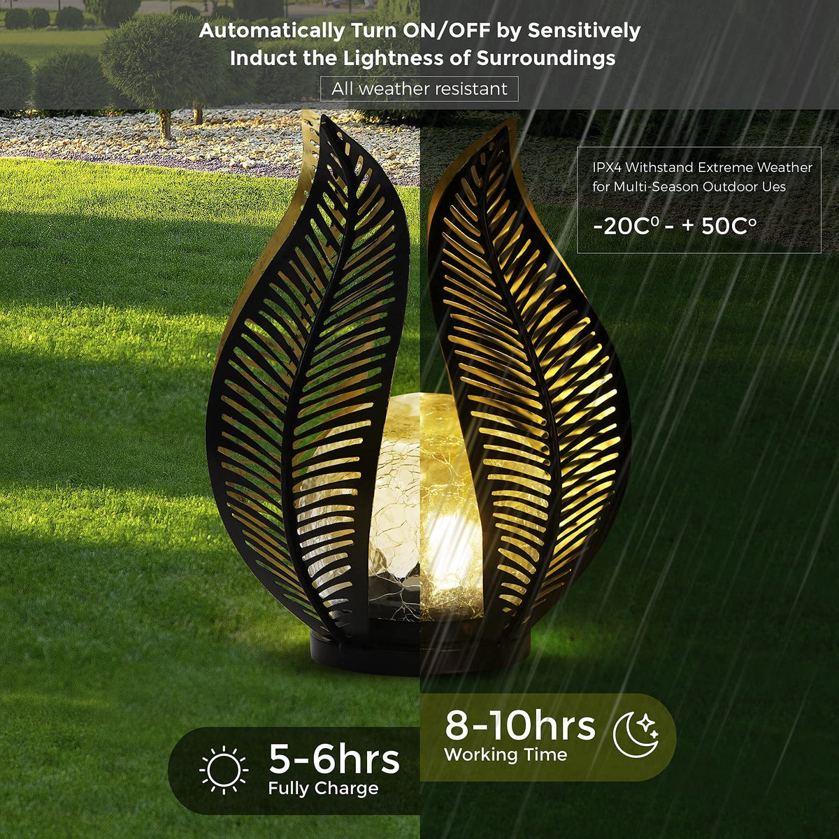 QZGE Solar Garden Lights Waterproof Decorations,Crackle Globe Glass,Metal Palm Leaf Solar Lights for Outdoor Decor On Garden,Patio,Yard,Front Porch,Tabletop Lamp-Perfect Gifts