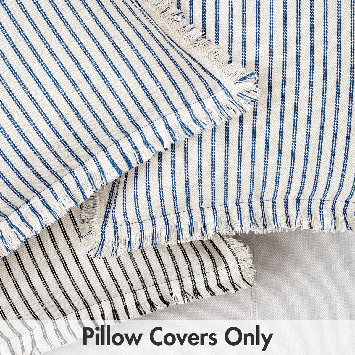 MIULEE Black Pack of 2 Pillow Covers 18x18 Inch Striped Farmhouse Couch Throw Pillow Covers with Fringe Chic Linen Decorative Cushion Covers for Sofa Living Room Bed Outdoor Home Decor