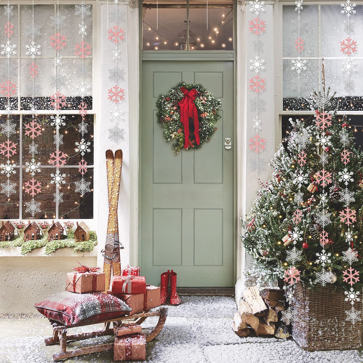 Winter Snowflake Hanging Decorations, Glitter Silver White Rose Gold Snowflakes Christmas Hanging Garland Winter Party Decorations for Winter Wonderland Girls Birthday Christmas Party Decorations