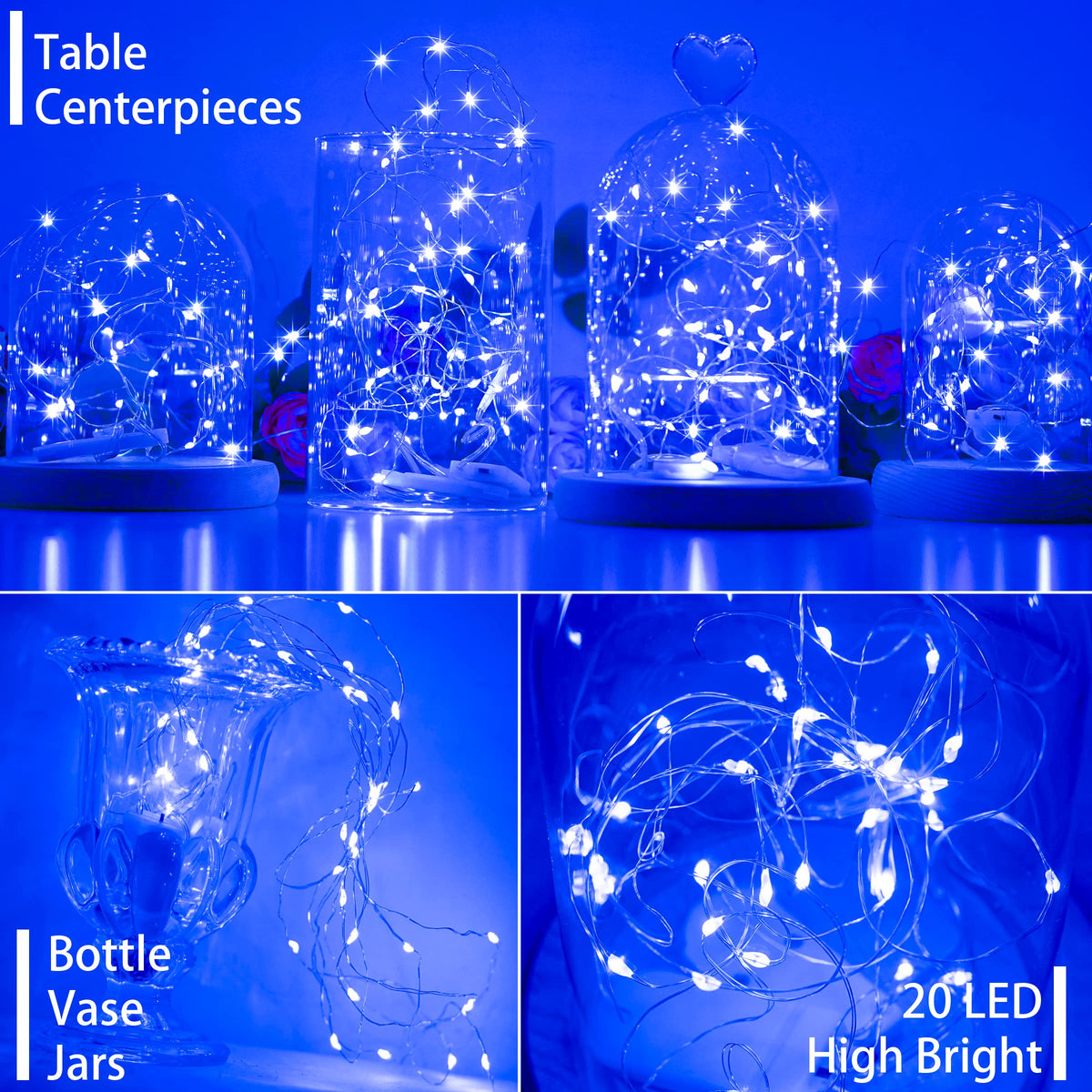 SunKite 16 Packs 20 LED Blue Fairy String Lights Battery Operated Waterproof 6.6 Feet Silver Copper Wire Firefly Starry Moon Lights for DIY Bottle Costume Wedding Party Bedroom Table Decor