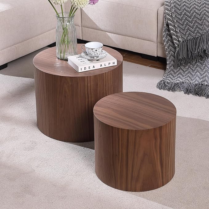 Small Coffee Table Nesting End Table Set of 2, Round Coffee Table Wood Side