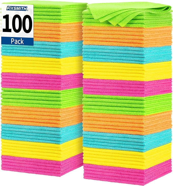 FIXSMITH Microfiber Cleaning Cloth, 100 Pack Shop Towels, Micro Fiber Cloth