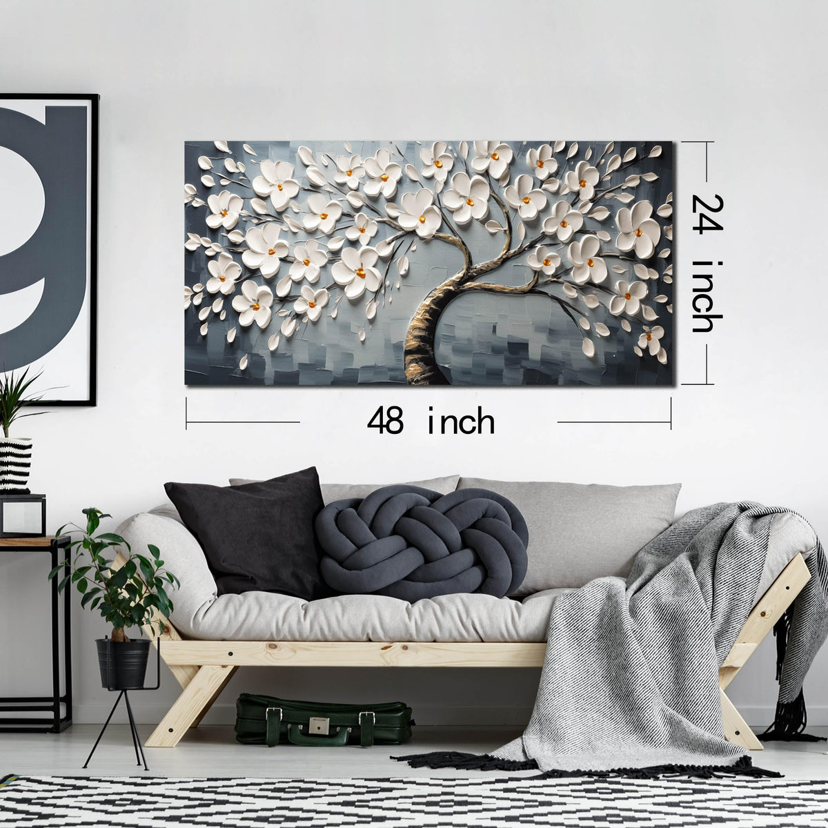 Canvas Wall Art for Living Room White Flowers Tree of Life Picture Print Paintings Large Framed Bedroom Wall Decor Artwork Modern Gallery Plant Wall Decorations Size 24x48 inch Ready to Hang