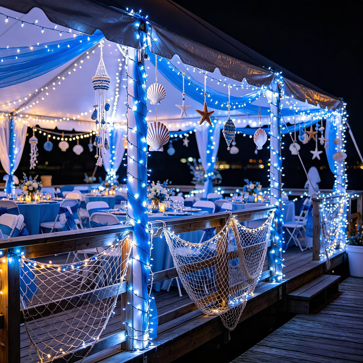300 LED Blue White Birthday Party Decorations Ocean Party Decor String Lights with 12 Modes Timer Dimmable, Green Wire Connectable Christmas Tree Lights, 75FT Fairy Lights for Bedroom, Outside, Xmas