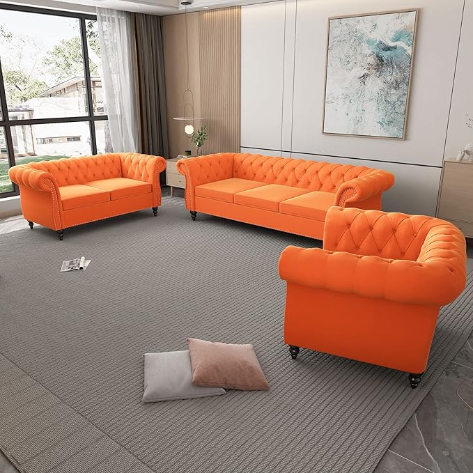 ORRD 3 Piece Living Room Set, Velvet Chesterfield Sofa Loveseat Couch Chair